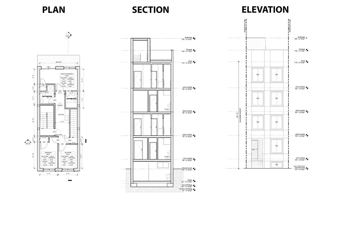 Detailed architectural plans showing floor plan, section, and elevation